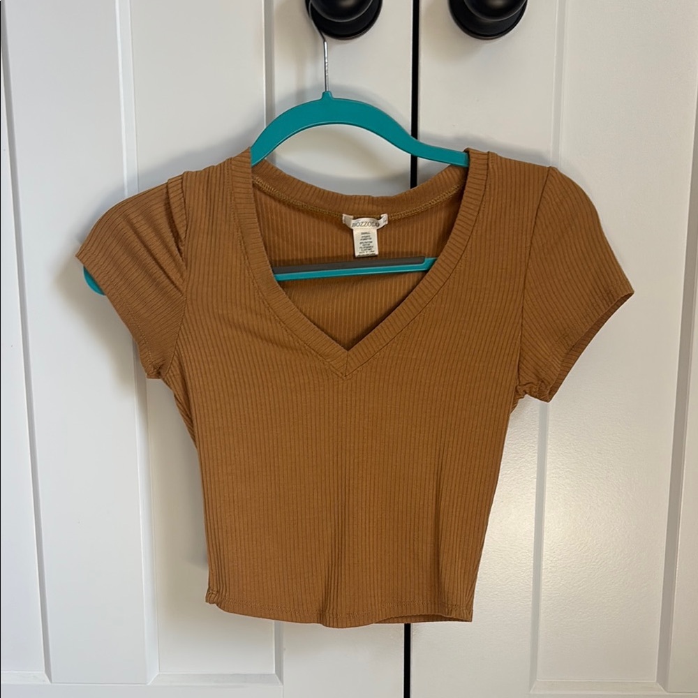 Bozzolo Brown Fitted Crop T-Shirt with Cap Sleeves